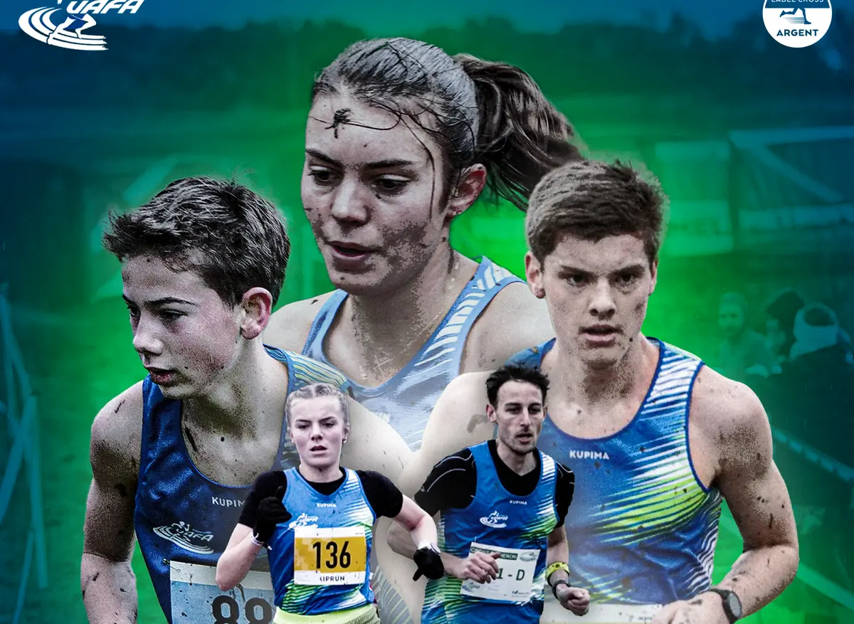 Jeunes athlètes du club en pleine course de cross, maillots bleu et vert maculés de boue (visuel de l'affiche du Cross du Héron)