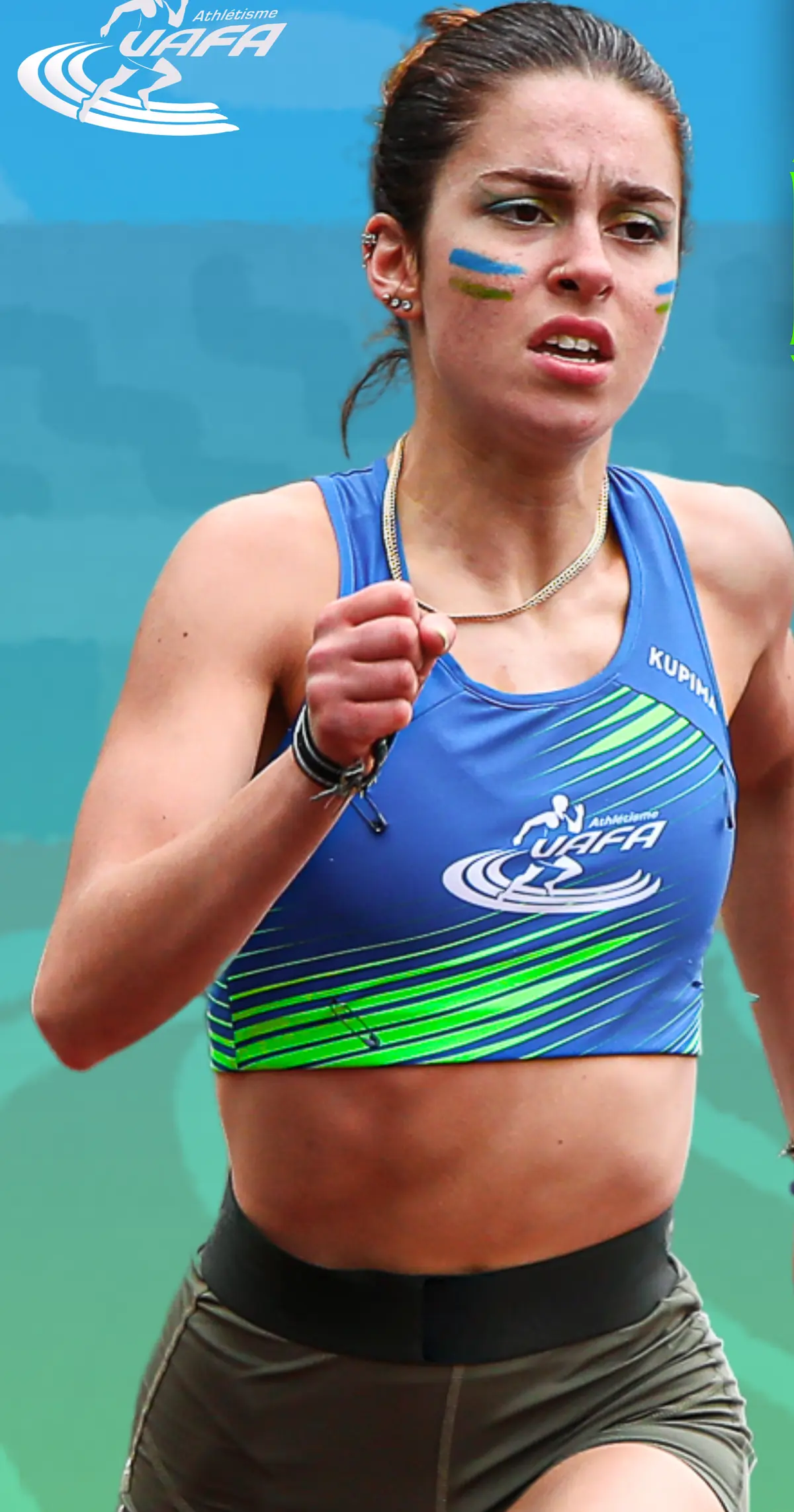 Athlète du club en pleine course, maillot bleu et vert du VAFA (visuel de l'affiche du Meeting demi-fond)